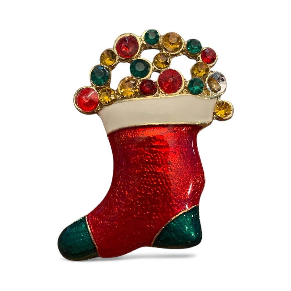 Vintage Christmas Holiday Costume Enameled Rhinestone Stocking Pin Brooch Red‎